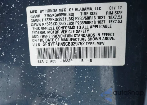 2012 Honda Pilot Ex z USA, uszkodzony, nr VIN 5FNYF4H49CB029762